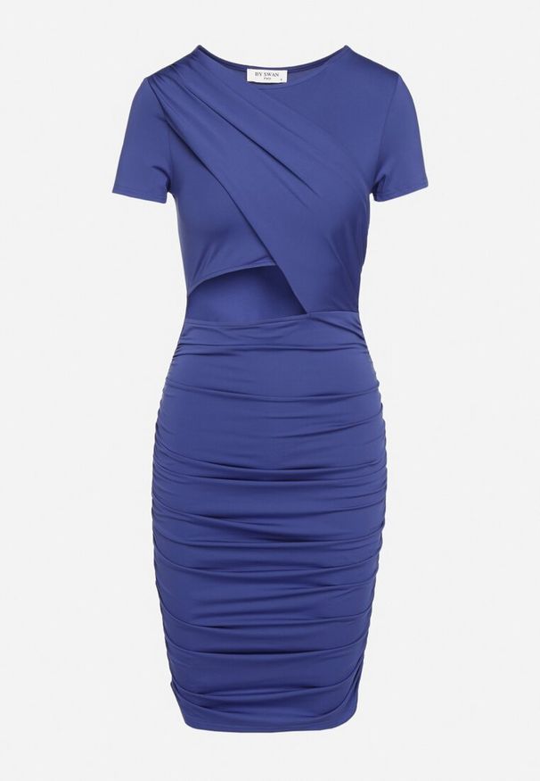 Born2be - Granatowa Sukienka Dopasowana z Marszczeniem i Wycięciem Laciann. Kolor: niebieski. Wzór: aplikacja. Styl: elegancki