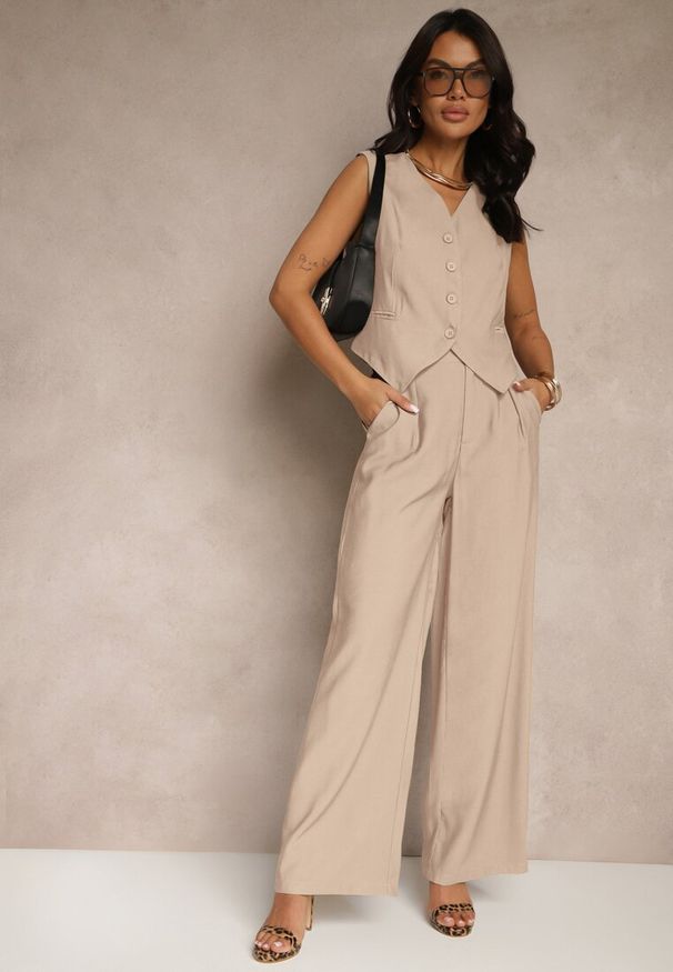 Renee - Beżowy Wiskozowy Komplet o Garniturowym Kroju Kamizelka i Spodnie Soreya. Kolor: beżowy. Materiał: wiskoza. Wzór: aplikacja