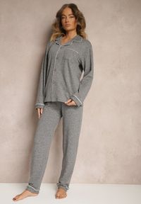 Renee - Ciemnoszara Piżama z Bawełny Spodnie z Gumką w Pasie i Koszula Amiremi. Kolekcja: plus size. Kolor: szary. Materiał: bawełna
