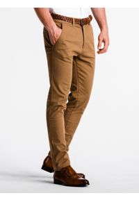 Ombre Clothing - Spodnie męskie chino - camel P830 - XL. Materiał: tkanina, elastan, bawełna. Styl: klasyczny, elegancki #5