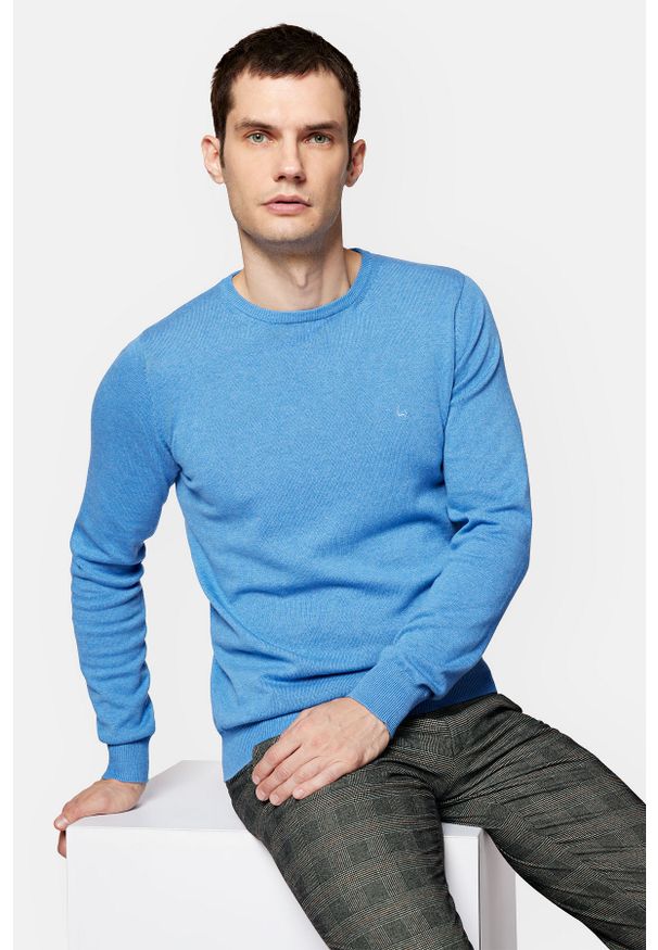 Lancerto - Sweter Niebieski z Bawełną Gładki Tony. Kolor: niebieski. Materiał: bawełna, elastan. Wzór: gładki