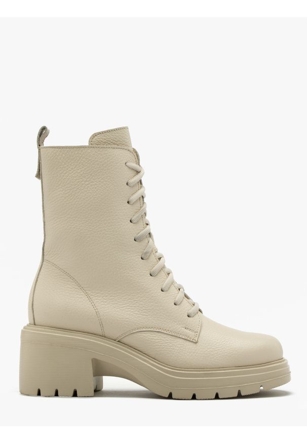 Ryłko - Kremowe trzewiki damskie HONORATA. Kolor: beżowy. Materiał: skóra. Obcas: na obcasie. Styl: street. Wysokość obcasa: średni