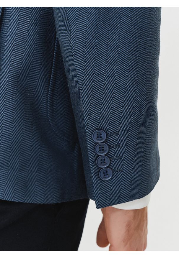 Pako Lorente - PAKO LORENTE – Granatowa marynarka męska bez podszewki. Okazja: na co dzień. Kolor: niebieski. Materiał: jeans. Wzór: paski. Styl: casual, sportowy