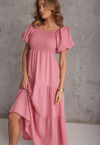 Renee - Różowa Sukienka z Wiskozy o Rozkloszowanym Kroju z Bufiastymi Rękawkami Rosena. Kolor: różowy. Materiał: wiskoza. Długość rękawa: krótki rękaw. Sezon: lato. Typ sukienki: rozkloszowane. Długość: maxi #1