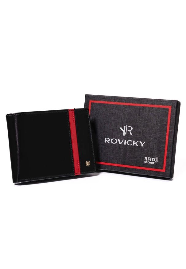 ROVICKY - Portfel męski skórzany RFID czarny Rovicky N61-RVTP-3036. Kolor: czarny. Materiał: skóra. Wzór: aplikacja