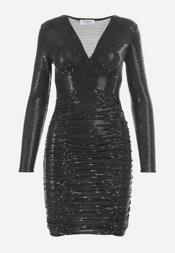 Born2be - Czarna Sukienka z Cekinami i Marszczeniem Ezini. Okazja: na co dzień. Typ kołnierza: dekolt w kształcie V. Kolor: czarny. Materiał: wiskoza. Długość rękawa: długi rękaw. Styl: klasyczny, casual, elegancki
