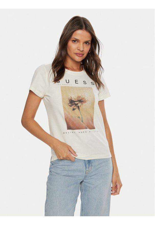 Guess T-Shirt W4BI13 KCJI0 Écru Regular Fit. Materiał: bawełna