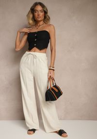 Renee - Jasnobeżowe Lniane Spodnie High Waist z Wiskozą o Szerokim Fasonie Zellimia. Okazja: na co dzień. Stan: podwyższony. Kolor: beżowy. Materiał: len, wiskoza. Styl: casual
