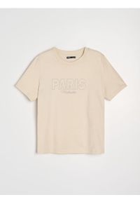 Sinsay - Bawełniana koszulka z nadrukiem - kremowy. Kolor: kremowy. Materiał: bawełna. Wzór: nadruk #1