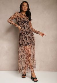 Renee - Czarno-Beżowa Siateczkowa Sukienka w Panterkowy Wzór z Dołączoną Halką Delithwen. Okazja: na co dzień. Kolor: czarny. Materiał: jeans. Długość rękawa: długi rękaw. Wzór: motyw zwierzęcy. Typ sukienki: proste. Styl: casual