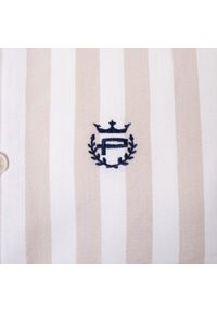 Biała, Lekko Taliowana Koszula Męska - Pako Jeans - Beżowy Prążek. Okazja: na co dzień. Kolor: brązowy, beżowy, wielokolorowy. Materiał: wiskoza, bawełna. Wzór: paski. Styl: casual #3