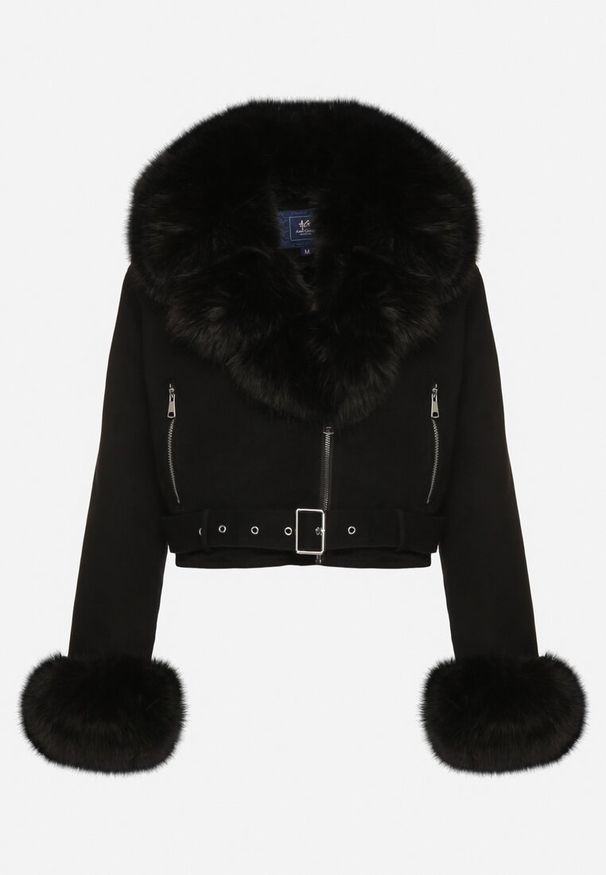 Born2be - Czarna Ocieplana Kurtka Ramoneska z Futrem przy Kołnierzu i Rękawach Mevesala. Kolor: czarny. Materiał: futro. Długość: krótkie