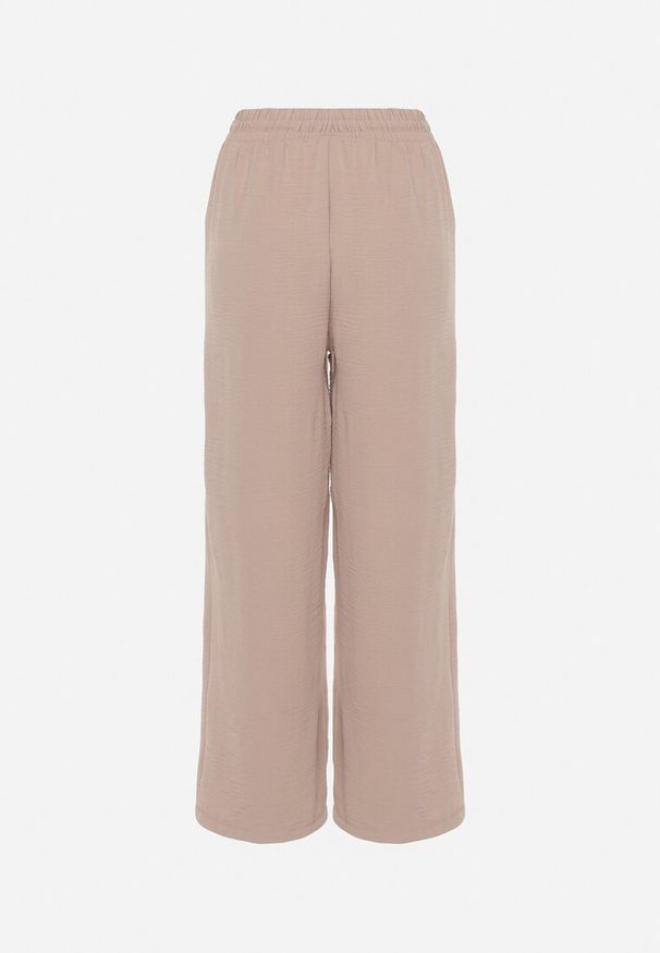 Born2be - Ciemnobeżowe Spodnie z Prostą Nogawką i Kieszeniami oraz Sznurkiem w Talii Qulai. Okazja: na co dzień, na spacer. Kolor: beżowy. Styl: klasyczny, casual