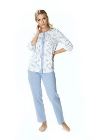 MEWA Lingerie - Niebieska bawełniana piżama damska Helena. Kolor: niebieski. Materiał: bawełna. Długość: długie. Wzór: kwiaty, aplikacja, nadruk #1