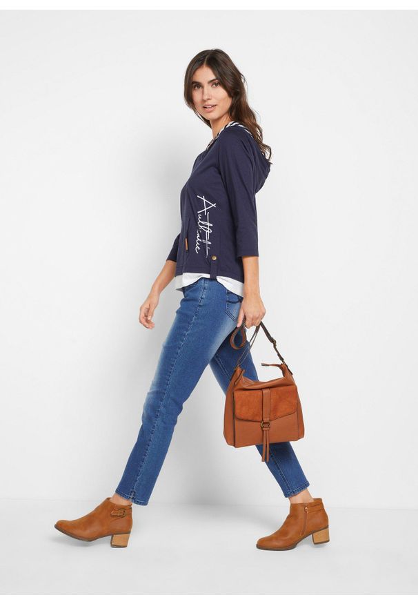 bonprix - Bluza z kapturem z czystej bawełny, rękawy 3/4. Typ kołnierza: kaptur. Kolor: niebieski. Materiał: bawełna