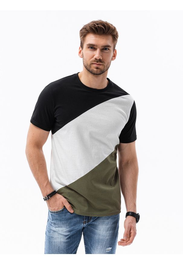 Ombre Clothing - T-shirt męski bawełniany trzykolorowy - czarno/oliwkowy V4 S1627 - L. Kolor: czarny. Materiał: bawełna