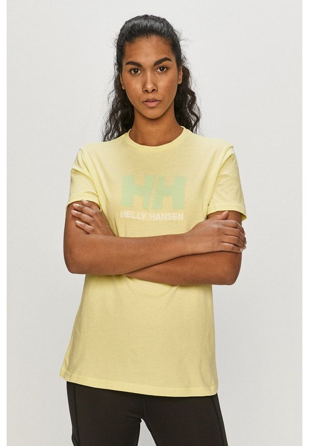 Helly Hansen T-shirt bawełniany kolor zielony. Okazja: na co dzień. Kolor: zielony. Materiał: bawełna. Wzór: nadruk. Styl: casual