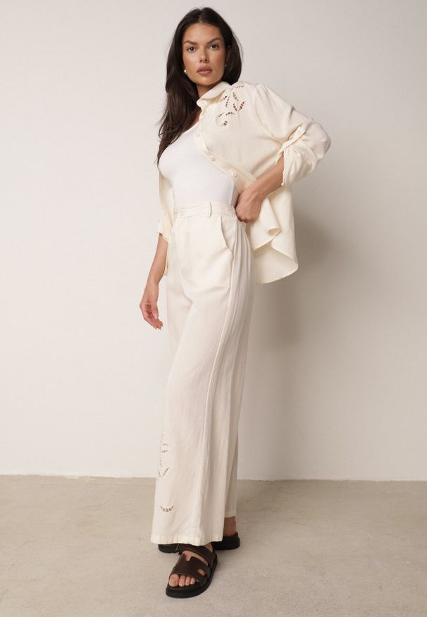 Born2be - Beżowy Rustykalny Komplet z Bawełną z Ażurowym Wzorem Spodnie i Koszula Anael. Kolor: beżowy. Materiał: bawełna. Wzór: ażurowy