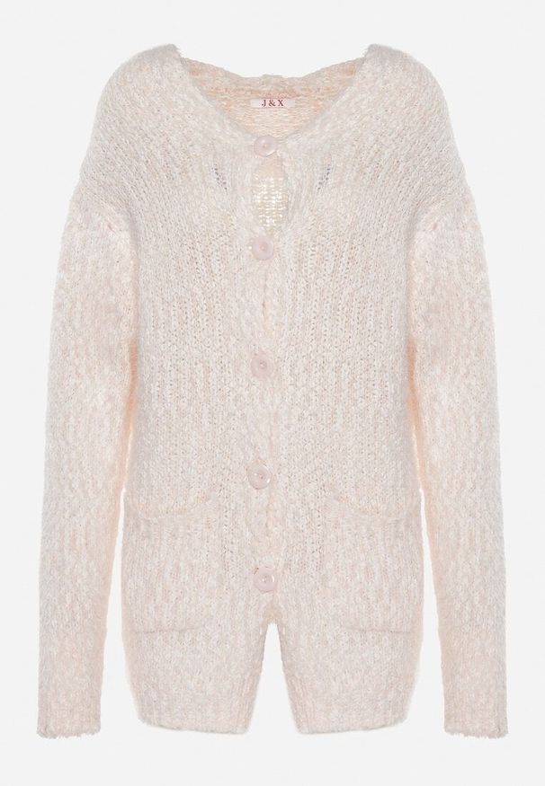 Born2be - Jasnoróżowy Kardigan z Kapturem Ozdobiony Guzikami i Kieszeniami Martinelle. Okazja: na co dzień. Typ kołnierza: kaptur. Kolor: beżowy. Materiał: jeans. Wzór: aplikacja. Styl: casual, elegancki, klasyczny