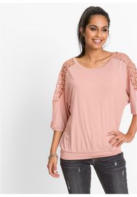 bonprix - Bluzka oversize z mieszanki wiskozy. Kolor: różowy. Materiał: wiskoza, koronka. Wzór: aplikacja, koronka #1