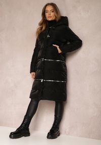 Renee - Czarna Kurtka Pikowana z Regulowaną Długością Tarannum. Kolor: czarny. Materiał: skóra. Wzór: aplikacja. Sezon: zima