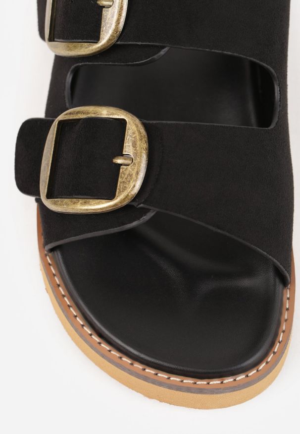 Born2be - Czarne Klapki VICES z Dwoma Paskami i Metalicznymi Klamrami Kaliniassi. Okazja: na co dzień. Kolor: czarny. Materiał: jeans. Styl: elegancki, casual, klasyczny