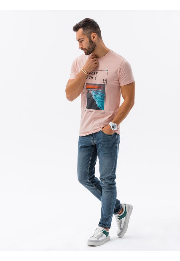 Ombre Clothing - T-shirt męski z nadrukiem - różowy V15B - Rozmiar: XXL. Kolor: różowy. Materiał: bawełna. Wzór: nadruk. Styl: klasyczny