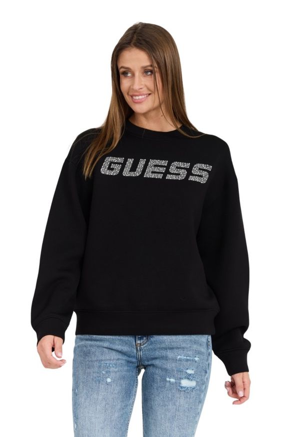 Guess - GUESS Czarna damska bluza z cyrkoniami Cecilia. Typ kołnierza: bez kaptura. Kolor: czarny. Materiał: wiskoza, poliamid, materiał, elastan. Długość rękawa: długi rękaw. Długość: długie. Wzór: aplikacja. Styl: elegancki