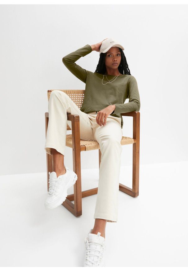 bonprix - Bluzka z długim rękawem z lekkiego melanżowego dżerseju. Kolor: zielony. Materiał: jersey, bawełna. Długość rękawa: długi rękaw. Długość: długie. Wzór: melanż