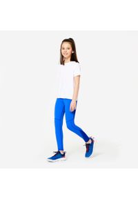 Decathlon - Legginsy dziecięce Domyos. Kolor: niebieski. Materiał: elastan, poliester, materiał, poliamid