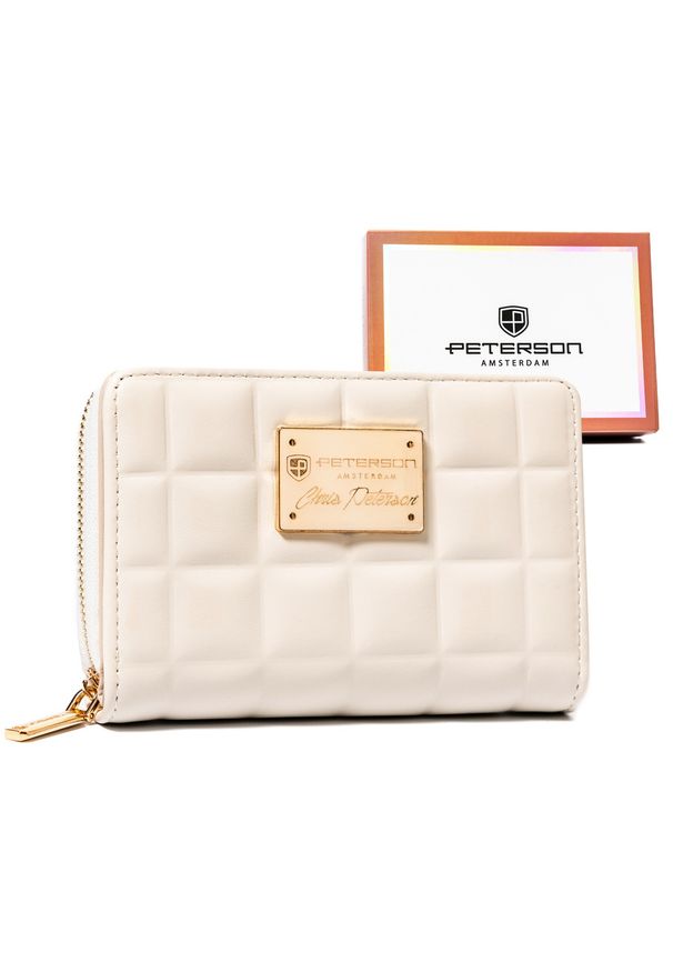 Pikowany, beżowy portfel damski ze skóry ekologicznej mieszczący dowód rejestracyjny - Peterson. Kolor: beżowy. Materiał: skóra ekologiczna