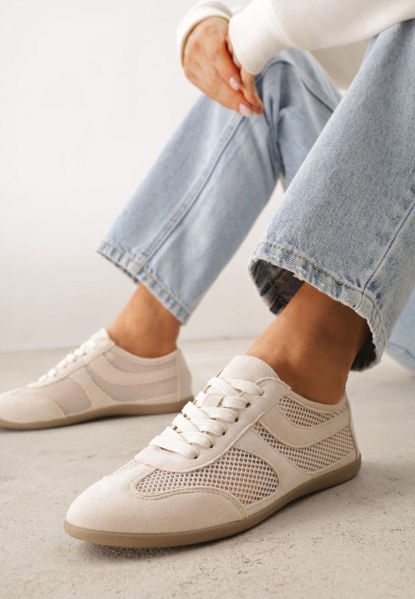 Born2be - Beżowe Sneakersy Typu Tenisówki z Siateczkowymi Wstawkami Corigoria. Okazja: na co dzień. Kolor: beżowy. Materiał: jeans