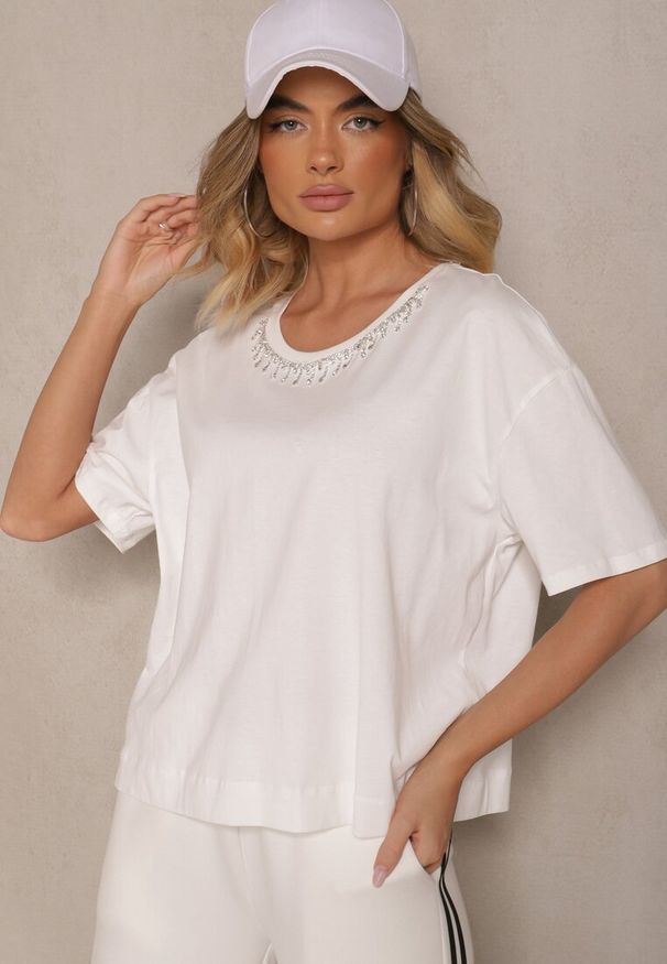 Renee - Biały T-shirt z Bawełny z Cyrkoniami Fadeola. Okazja: na co dzień. Kolor: biały. Materiał: bawełna. Styl: klasyczny, elegancki, casual