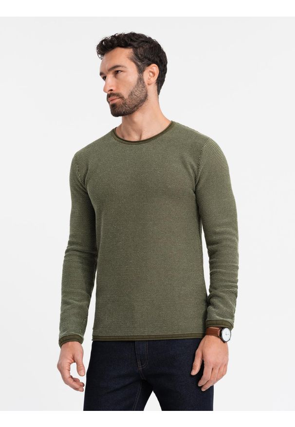 Ombre Clothing - Dzianinowy męski sweter w strukturalne kropki – oliwkowy V2 OM-SWSW-0118 - XXL. Okazja: na co dzień. Kolor: oliwkowy. Materiał: dzianina. Wzór: kropki. Styl: casual