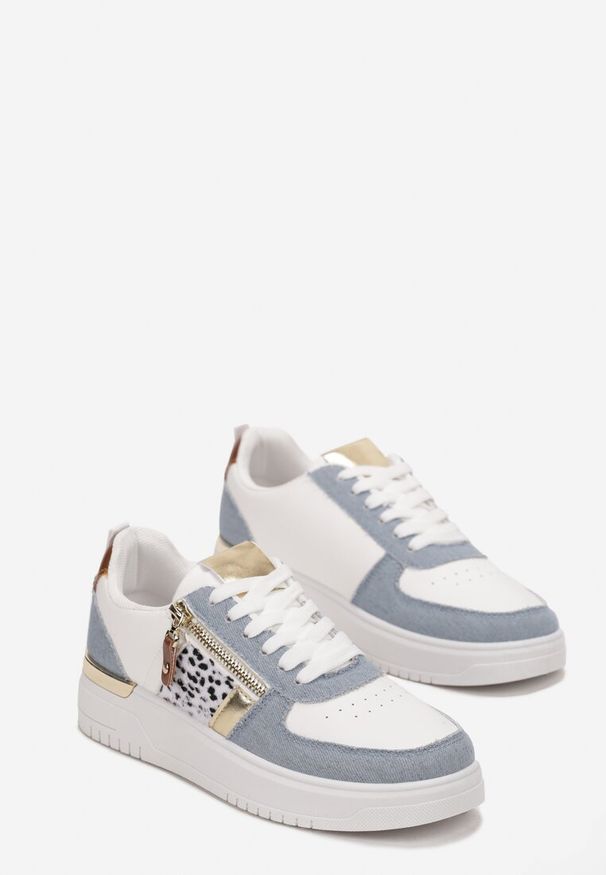 Born2be - Biało-Niebieskie Sneakersy z Metaliczną Wstawką i Suwakiem Linoa. Kolor: biały