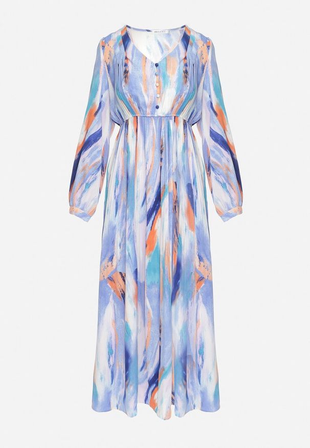 Born2be - Niebieska Sukienka Maxi z Gumką w Pasie w Abstrakcyjny Wzór Taniera. Kolor: niebieski. Długość: maxi