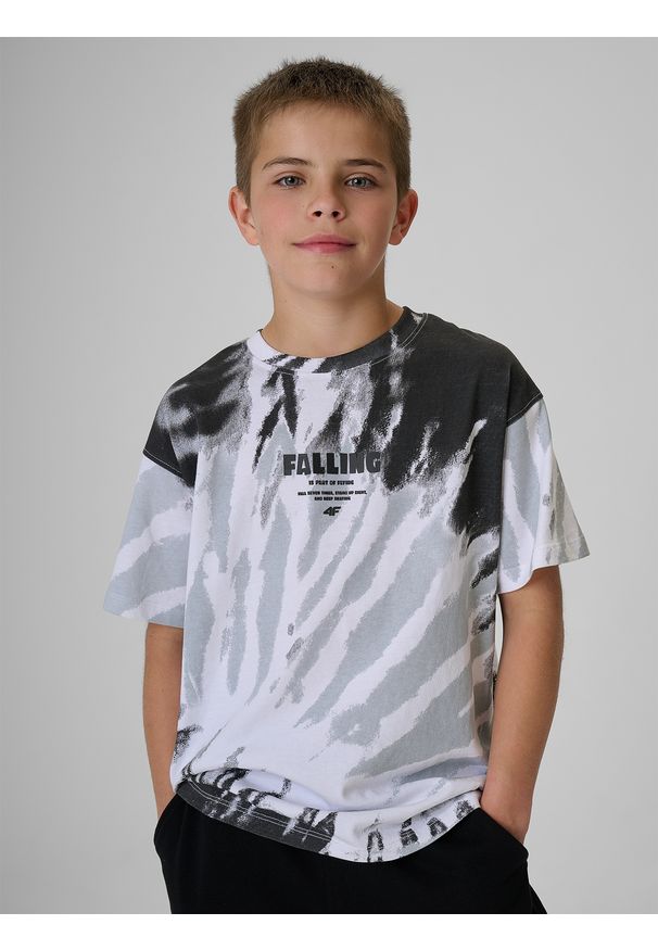 4f - 4F T-shirt loose z nadrukiem chłopięcy - szary 122/128 (6-8 lat). Okazja: na uczelnię, na co dzień, na spacer. Kolor: szary. Materiał: materiał, bawełna, dzianina. Wzór: nadruk. Sezon: lato. Styl: casual