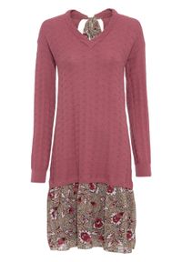 Sukienka dzianinowa ze spódniczką z tkaniny bonprix kremowy jeżynowy - beżowo-jasnoróżowy w kwiaty. Kolor: fioletowy. Materiał: tkanina, dzianina. Wzór: kwiaty #1