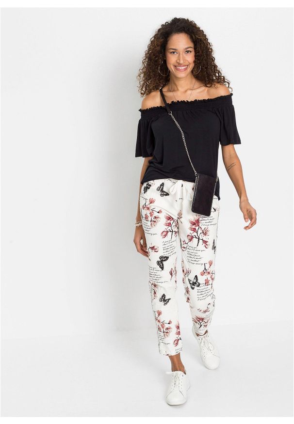 bonprix - Spodnie twillowe z elastycznego materiału z bawełną. Kolor: biały. Materiał: materiał, bawełna. Wzór: nadruk