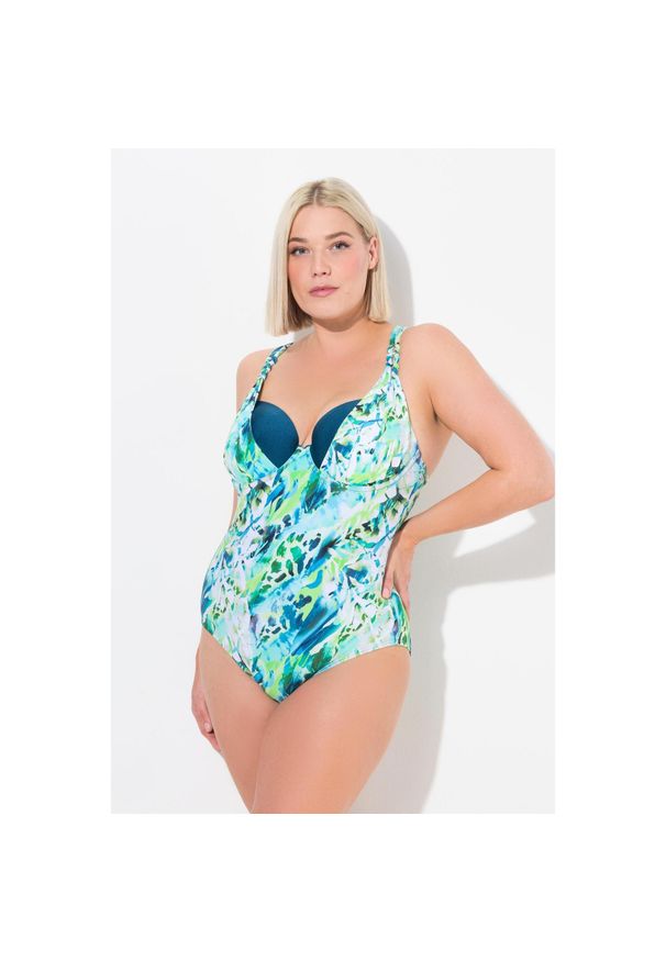 ULLA POPKEN - Damski Strój kąpielowy miękkie miseczki z fiszbinami regulowane ramiączka. Kolekcja: plus size. Kolor: wielokolorowy, niebieski, zielony. Materiał: poliamid, materiał, elastan