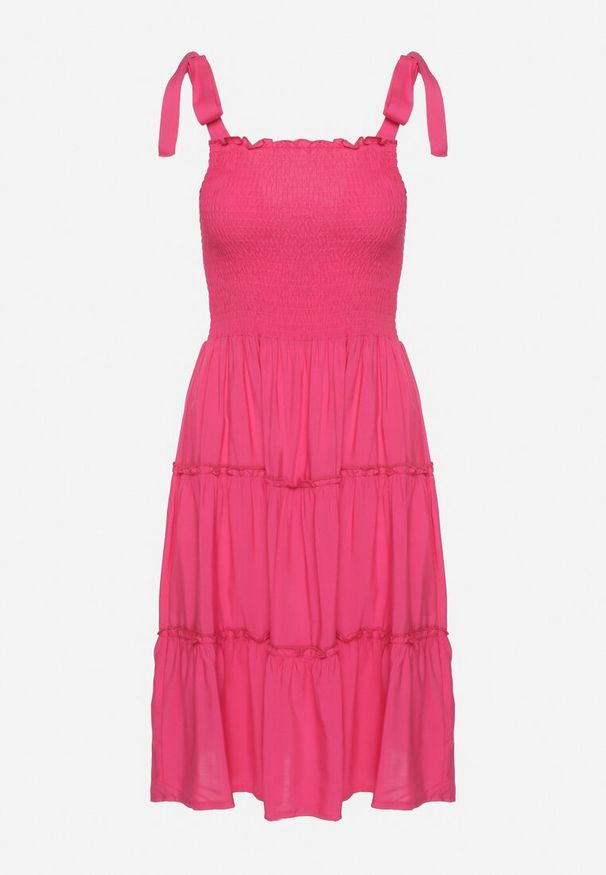 Born2be - Fuksjowa Rozkloszowana Sukienka z Wiskozą na Wiązanych Ramiączkach Aralisse. Okazja: na co dzień. Typ kołnierza: dekolt kwadratowy. Kolor: różowy. Materiał: wiskoza. Długość rękawa: na ramiączkach. Typ sukienki: rozkloszowane. Styl: casual, klasyczny