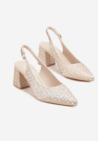 Renee - Beżowe Sandały na Słupku Slingback Ozdobione Cyrkoniami Melanetta. Okazja: na co dzień, na imprezę, do pracy, na spotkanie biznesowe. Zapięcie: sprzączka. Kolor: beżowy. Wzór: aplikacja. Obcas: na słupku. Styl: biznesowy, klasyczny, casual. Wysokość obcasa: średni #3