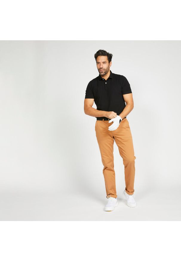 INESIS - Koszulka polo do golfa z krótkim rękawem męska Inesis MW500. Typ kołnierza: golf, polo. Kolor: czarny. Materiał: bawełna, materiał, poliester. Długość rękawa: krótki rękaw. Długość: krótkie. Wzór: ze splotem. Styl: sportowy, klasyczny
