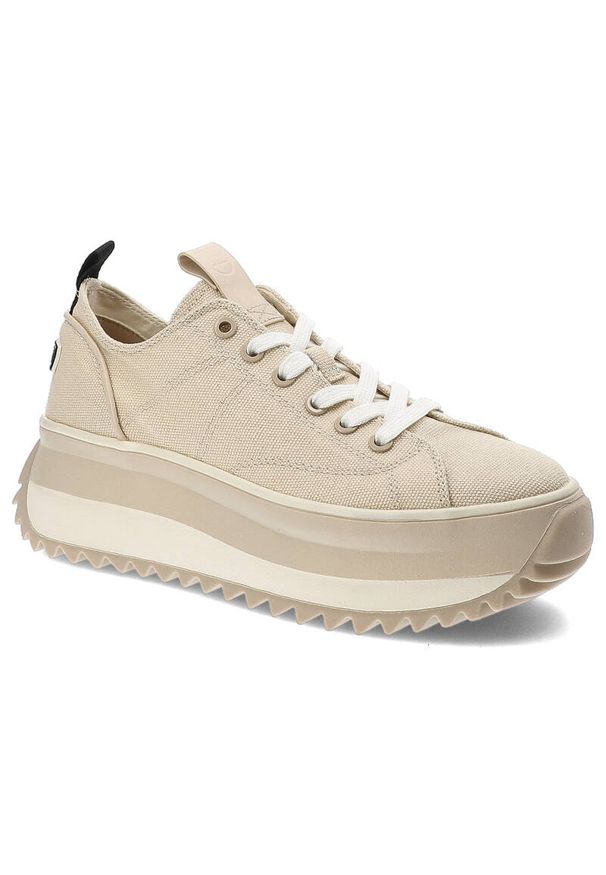 Beżowe Sneakersy Tamaris Damskie Buty Na Platformie. Zapięcie: sznurówki. Kolor: beżowy. Materiał: materiał. Wzór: aplikacja. Obcas: na platformie. Sport: turystyka piesza