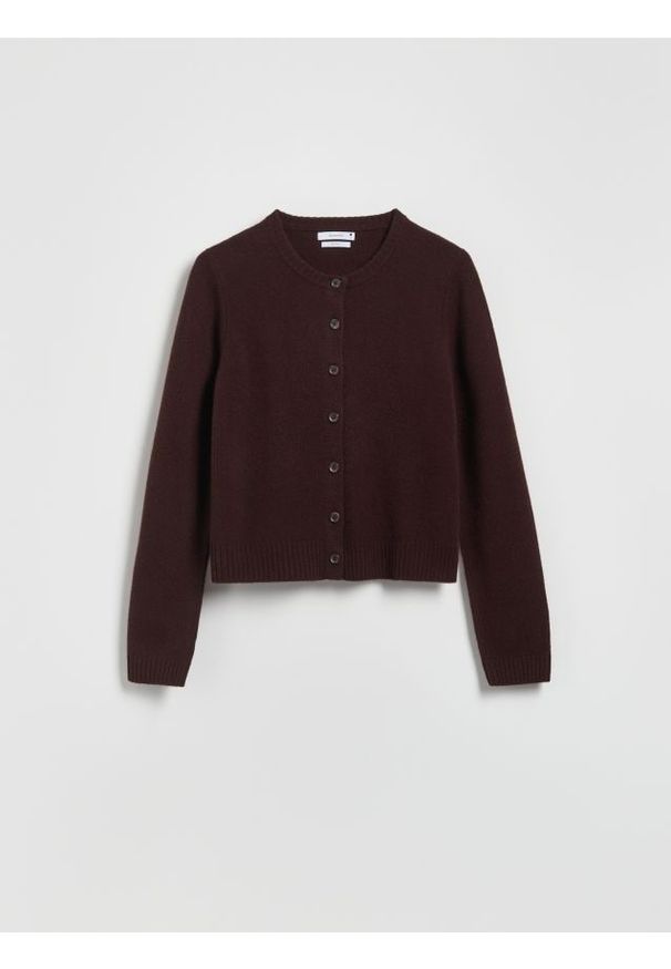 Reserved - Wełniany kardigan - ciemnobrązowy. Kolor: brązowy. Materiał: wełna