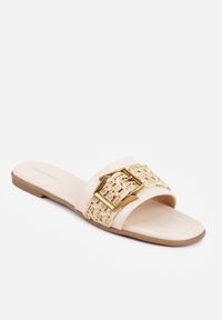 Renee - Beżowe Klapki w Stylu Boho z Plecionką z Rafii i Metalową Klamerką Mezelin. Okazja: na co dzień. Kolor: beżowy. Materiał: jeans, len. Sezon: lato. Styl: boho #8