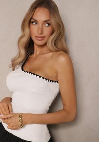 Renee - Biała Sukienka Bombka o Kroju na Jedno Ramię z Ozdobną Lamówką Amovia. Kolor: biały. Materiał: tkanina. Sezon: lato. Typ sukienki: bombki #5