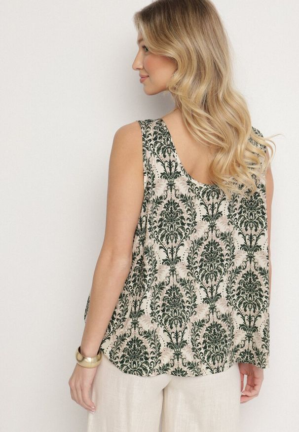 Born2be - Zielono-Beżowa Bluzka z Bawełny ze Wzorem Boho Napolea. Kolor: zielony. Materiał: bawełna. Styl: boho