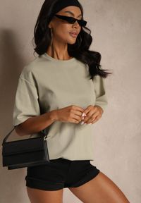 Renee - Ciemnobeżowy Basicowy T-shirt z Bawełny Meranissea. Okazja: na co dzień, do pracy, na spotkanie biznesowe. Kolor: beżowy. Materiał: bawełna. Wzór: aplikacja, bez wzorów. Styl: klasyczny, casual, biznesowy, elegancki #2