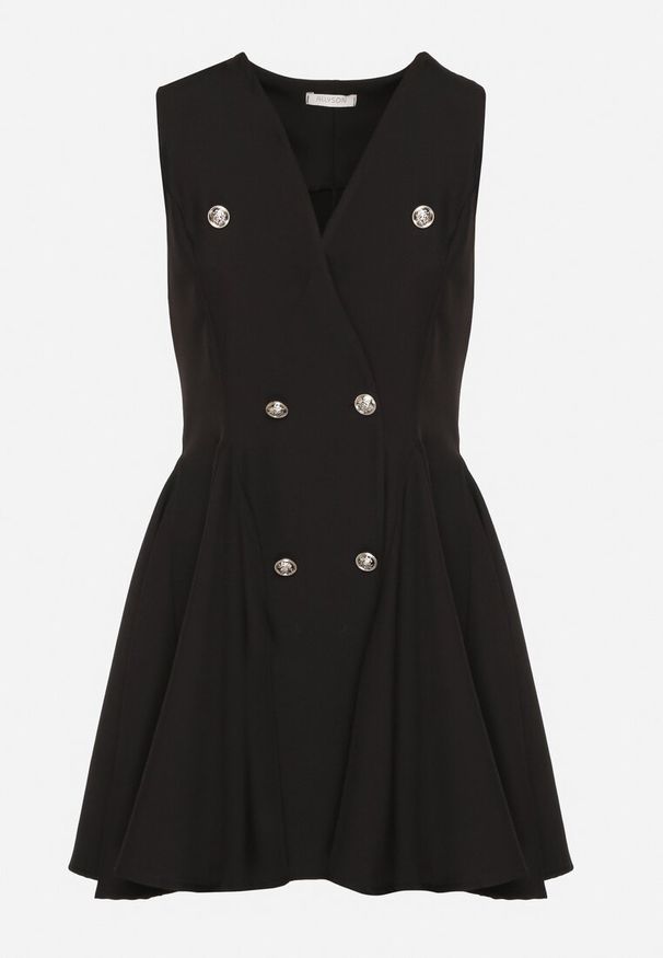 Born2be - Czarna Sukienka Bez Rękawów o Rozkloszowanym Kroju z Ozdobnymi Guzikami Palanea. Okazja: na co dzień. Typ kołnierza: dekolt w kształcie V. Kolor: czarny. Długość rękawa: bez rękawów. Typ sukienki: rozkloszowane. Styl: klasyczny, casual, elegancki